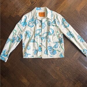 Keith Kelly iris Watercolor Print Denim Jacket - Blue on Cream